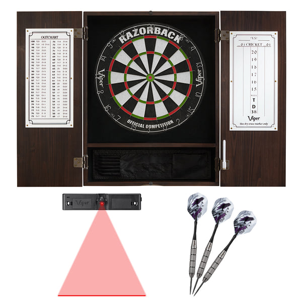 Viper Espresso Metropolitan Steel Tip Cabinet, Razorback Sisal Dartboard, Underground Raven Steel Tip Darts 25 Grams, and Throw Line Light