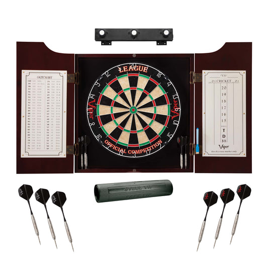 Viper League Sisal Dartboard, Hudson Mahogany Cabinet, Shadow Buster Dartboard Lights & Padded Dart Mat