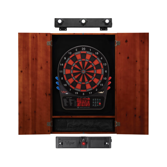 Viper 800 Electronic Dartboard, Metropolitan Cinnamon Cabinet, Throw Line Light & Shadow Buster Dartboard Light Bundle