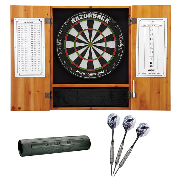 Viper Metropolitan Oak Steel Tip Dartboard Cabinet, Viper Razorback Sisal Dartboard, Viper Underground Raven Steel Tip Darts 25 Grams, and Viper Vinyl Dart Mat