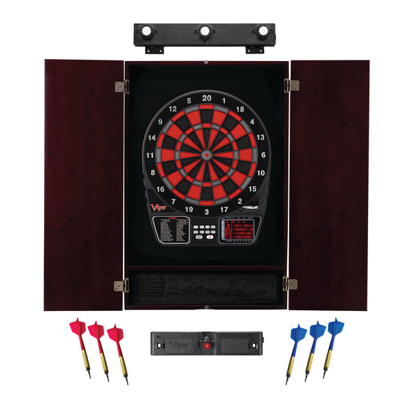 Viper 797 Electronic Dartboard, Metropolitan Mahogany Cabinet, Throw Line Light Marker & Shadow Buster Dartboard Lights