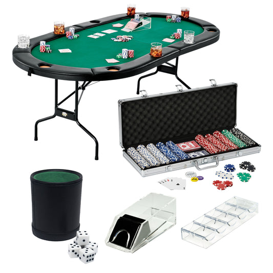 Fat Cat Texas Hold'em Table, 4-Deck Card Shoe, 500 Poker Chip Set, 2 Acrylic Chip Trays & Dice Cup Set