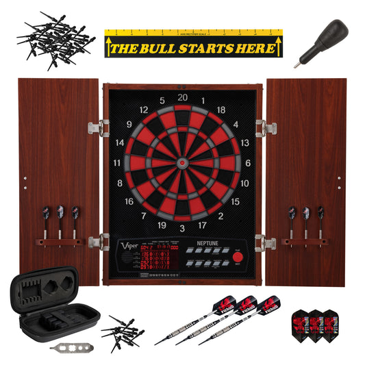 Viper Neptune Electronic Dartboard, "The Bull Starts Here" Throw Line Marker, Pitbull 18g Soft Tip Darts, Dart Tip Remover Tool & Tufflex II Black Dart Tips