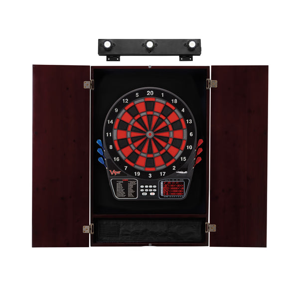 Viper 797 Electronic Dartboard, Metropolitan Mahogany Cabinet & Shadow Buster Dartboard Light Bundle