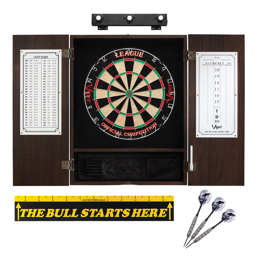 Viper League Sisal Dartboard, Metropolitan Espresso Cabinet, Shadow Buster Dartboard Lights & "The Bull Starts Here" Throw Line Marker