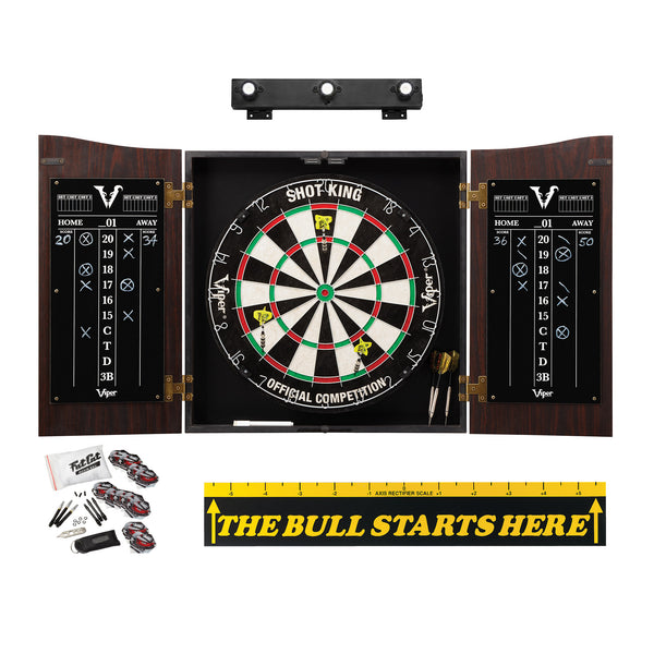 Viper Vault Cabinet with Shot King Sisal Dartboard, Shadow Buster Dartboard Lights, Steel Tip Dart Accessories Kit & 