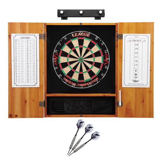 Viper League Sisal Dartboard, Metropolitan Oak Cabinet, Underground The Raven Steel Tip Darts & Shadow Buster Dartboard Lights