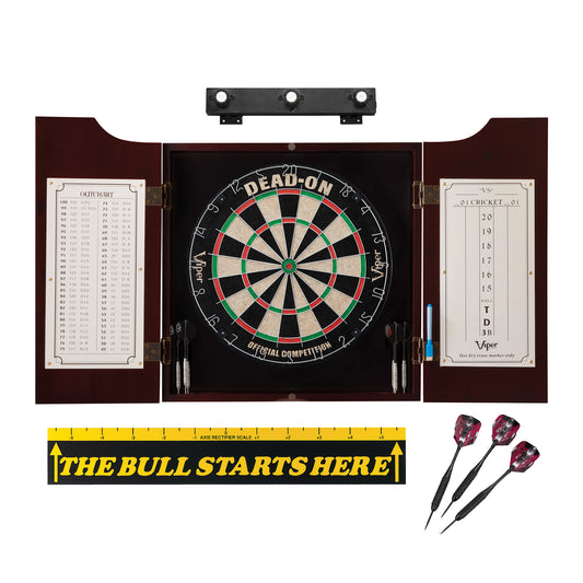 Viper Dead On Sisal Dartboard, Hudson Cabinet, Throw Line Marker, Black Mariah Steel Tip Darts & Shadow Buster Dartboard Light Bundle