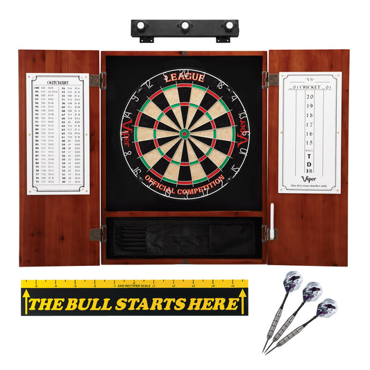 Viper League Sisal Dartboard, Metropolitan Cinnamon Cabinet, Shadow Buster Dartboard Lights & "The Bull Starts Here" Throw Line Marker