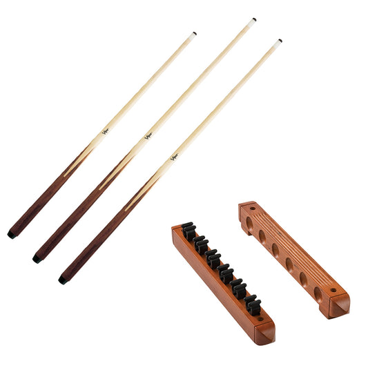 Viper One Piece 36" Maple Bar Cue 14 Ounce, Viper One Piece 57" Maple Bar Cue 19 Ounce, Viper One Piece 57" Maple Bar Cue 20 Ounce, and Fat Cat Oak 6 Cue 2-Piece Wall Cue Rack