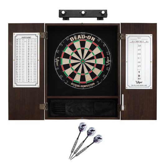 Viper Dead On Sisal Dartboard, Metropolitan Espresso Cabinet, Underground The Raven Steel Tip Darts & Shadow Buster Dartboard Lights