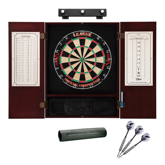 Viper League Sisal Dartboard, Metropolitan Mahogany Cabinet, Shadow Buster Dartboard Lights & Padded Dart Mat