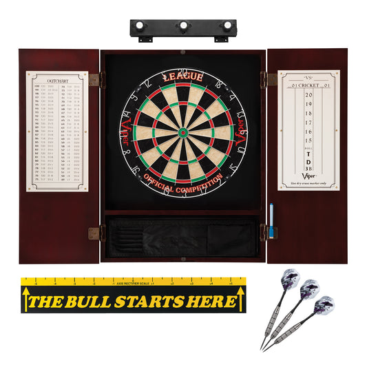 Viper League Sisal Dartboard, Metropolitan Mahogany Cabinet, Shadow Buster Dartboard Lights & "The Bull Starts Here" Throw Line Marker