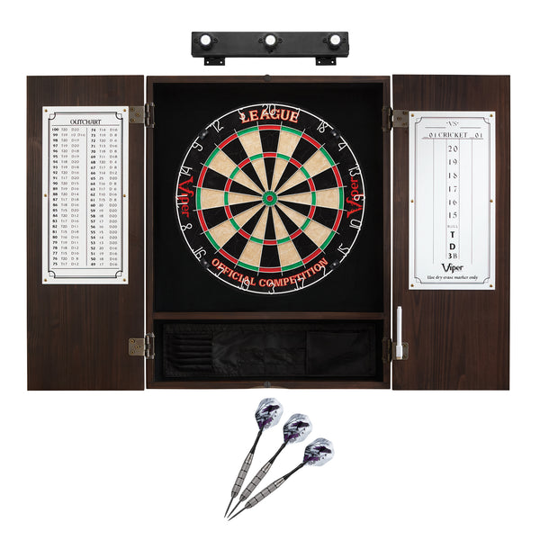 Viper League Sisal Dartboard, Metropolitan Espresso Cabinet, Underground The Raven Steel Tip Darts & Shadow Buster Dartboard Lights