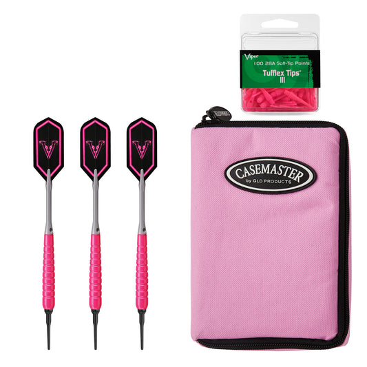 Viper V Glo Soft Tip 18gm Pink, Casemaster Select Pink Nylon Dart Case, and Viper 2BA Tufflex Tips III- Neon Pink 100ct. Box