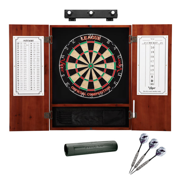 Viper League Sisal Dartboard, Metropolitan Cinnamon Cabinet, Shadow Buster Dartboard Lights & Padded Dart Mat