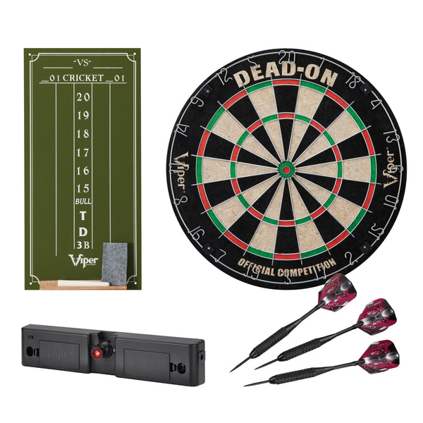 Viper Dead-On Bristle Dartboard, Viper Small Cricket Chalk Scoreboard, Throw Line Light, and Viper Black Mariah Steel Tip Darts 22 Grams