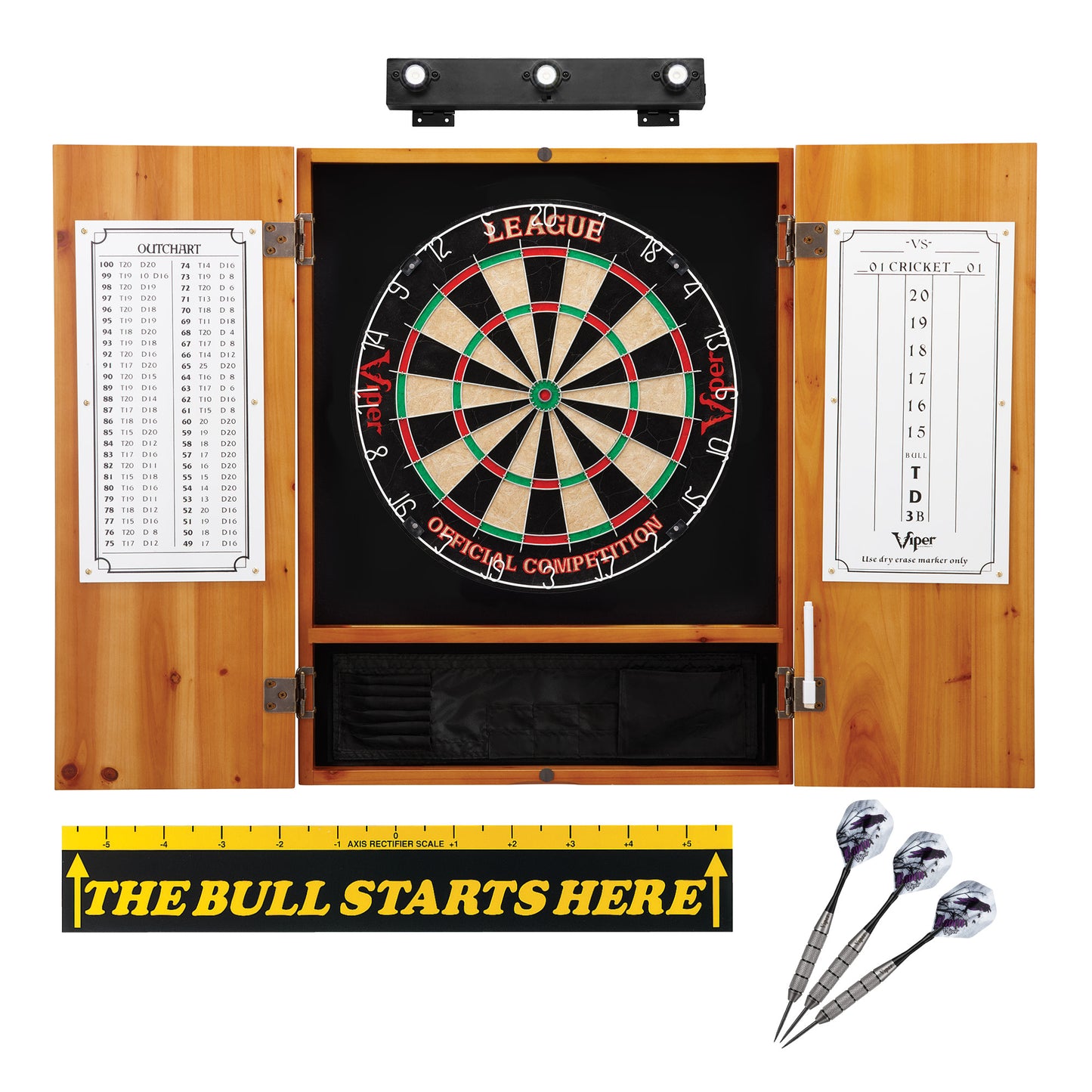 Viper League Sisal Dartboard, Metropolitan Oak Cabinet, Shadow Buster Dartboard Lights, "The Bull Starts Here" Throw Line Marker & Underground Raven Steel Tip Darts