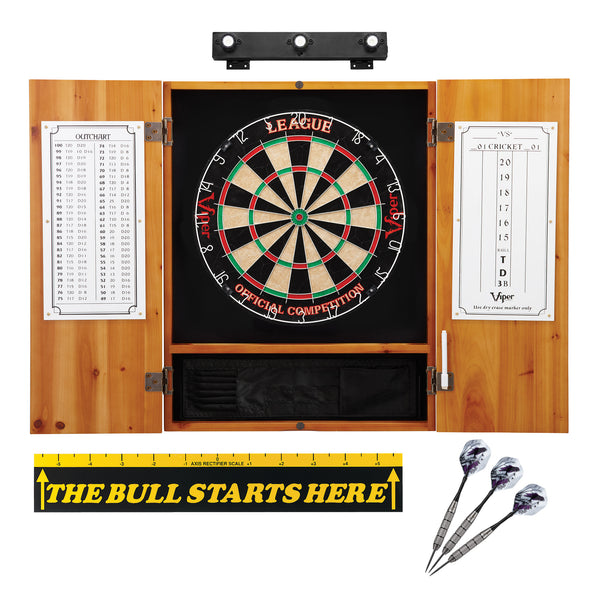 Viper League Sisal Dartboard, Metropolitan Oak Cabinet, Shadow Buster Dartboard Lights, 