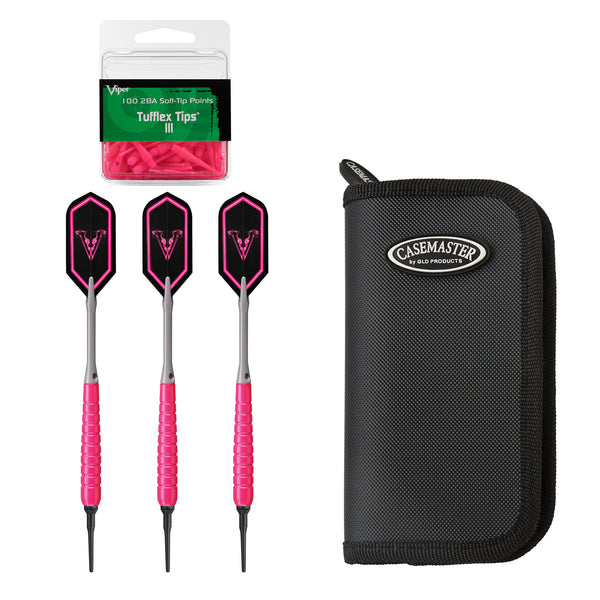 Viper V Glo Soft Tip 18gm Pink, Casemaster Deluxe Black Nylon Dart Case, and Viper 2BA Tufflex Tips III- Neon Pink 100ct. Box