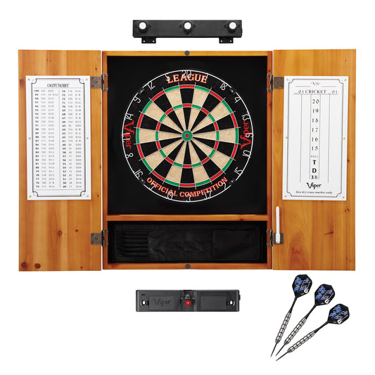 Viper League Sisal Dartboard, Metropolitan Oak Cabinet, Shadow Buster Dartboard Lights & Throw Line Light Marker