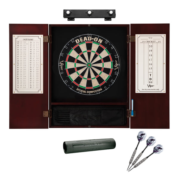 Viper Dead On Sisal Dartboard, Metropolitan Mahogany Cabinet, Shadow Buster Dartboard Lights & Padded Dart Mat